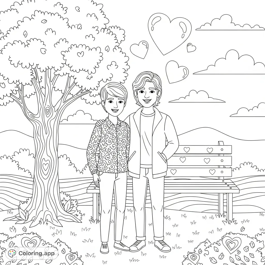 A heartwarming Jaberi and Johnson friendship coloring page. Two friends stand smiling in a park, ready for your creative touch. Perfect for celebrating connections and companionship.