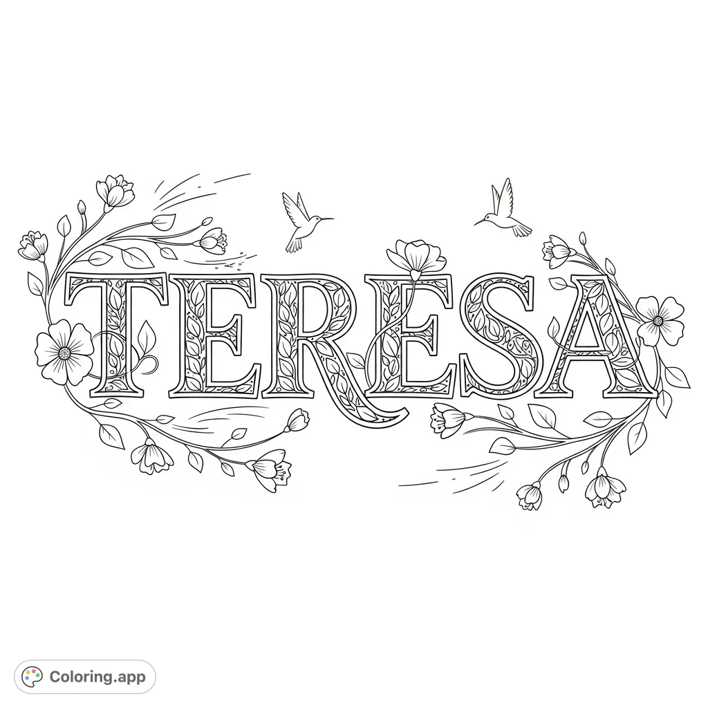 An elegant "TERESA" name coloring page, adorned with intricate floral patterns and swirling vines, perfect for personalization and mindful coloring.