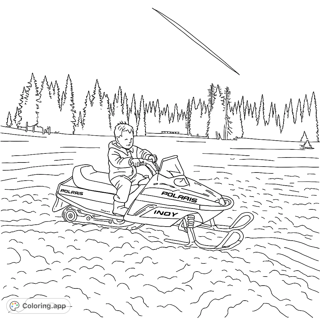 A young child ready for winter fun, seated on a snowmobile in a vast snow-covered field with evergreen trees under an expansive sky. Perfect for winter enthusiasts.