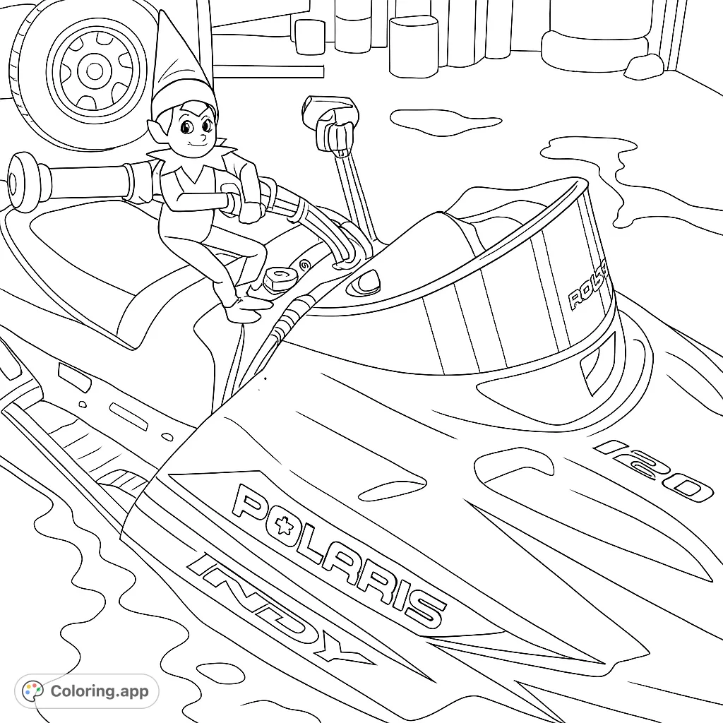 A playful elf sits ready for adventure on a snowmobile, captured in a garage setting. Perfect for imaginative coloring fun for kids and enthusiasts!