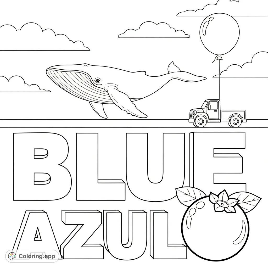 Explore the concept of blue with this fun coloring page featuring block letters "BLUE" and "AZUL," a blueberry, sky, whale, truck, and balloon. Perfect for young learners!