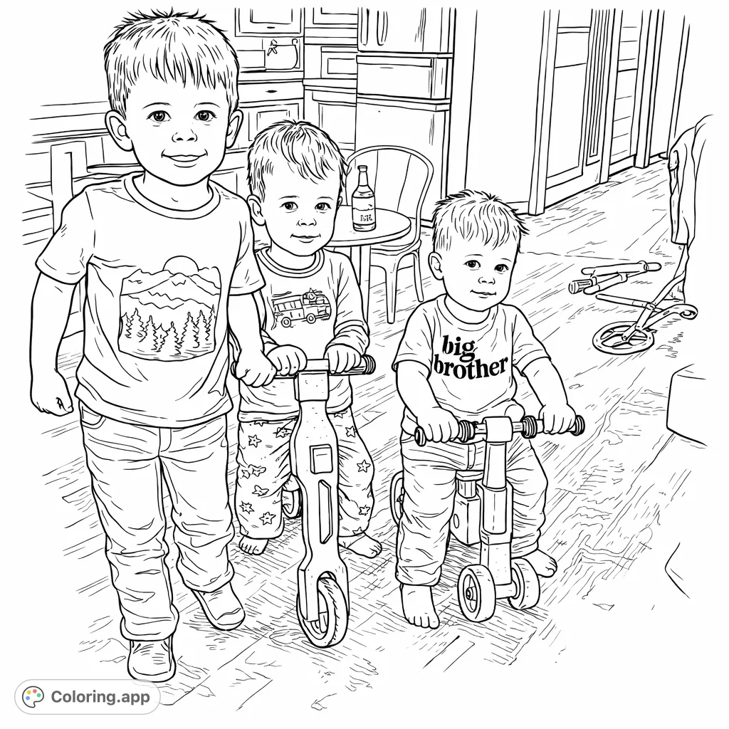 Three lively boys enjoy indoor playtime with their wooden scooters and balance bike. A heartwarming scene for a fun and engaging coloring activity for children.
