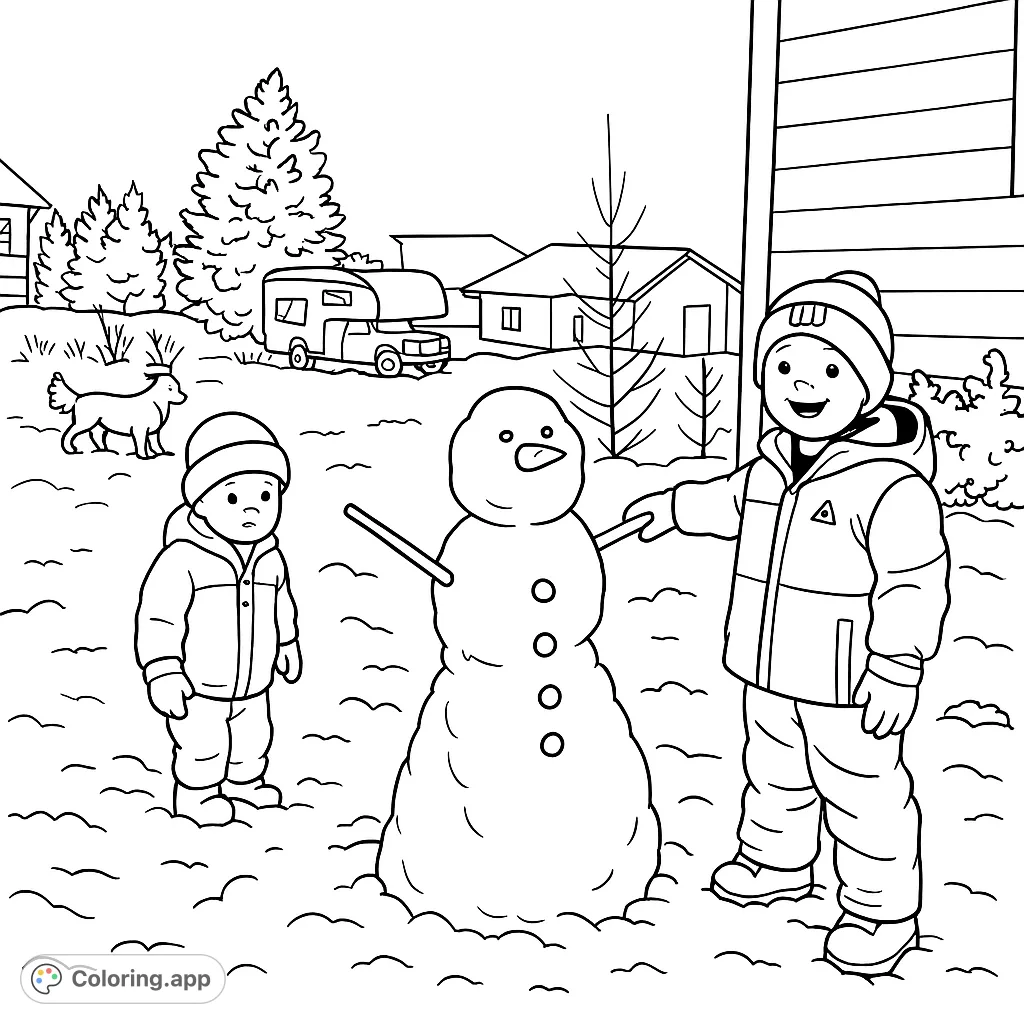 Join two happy children and their dog building a friendly snowman in a charming winter wonderland. A delightful scene for snowy day coloring fun.
