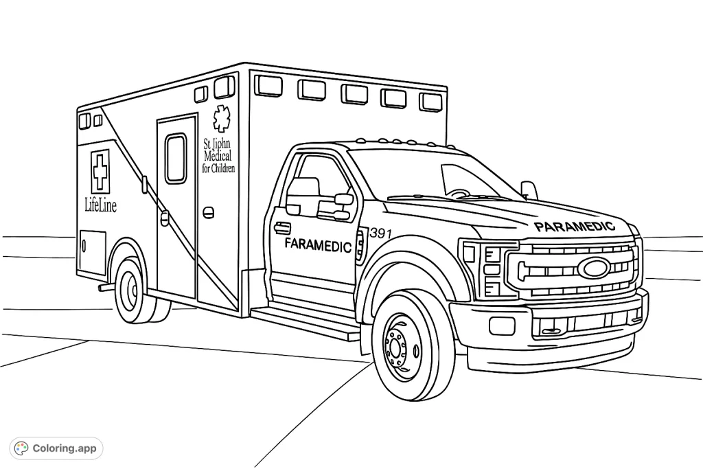Color this detailed emergency ambulance, complete with distinctive markings and warning lights, set against a hazy backdrop. A realistic vehicle ready for action.