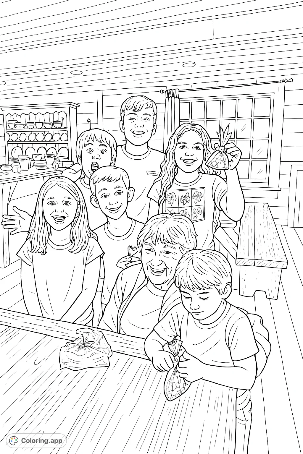 A heartwarming family scene featuring a grandmother surrounded by her cheerful grandchildren. Capture the joyous expressions and shared moments around a rustic table.