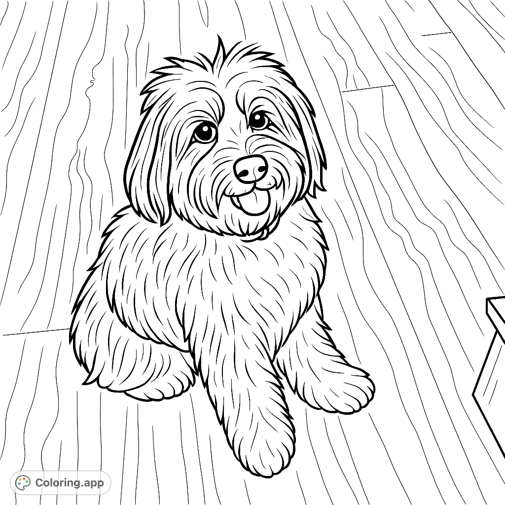 A delightful coloring page of a shaggy-haired dog with expressive features, sitting on a textured wooden floor. Perfect for dog lovers.