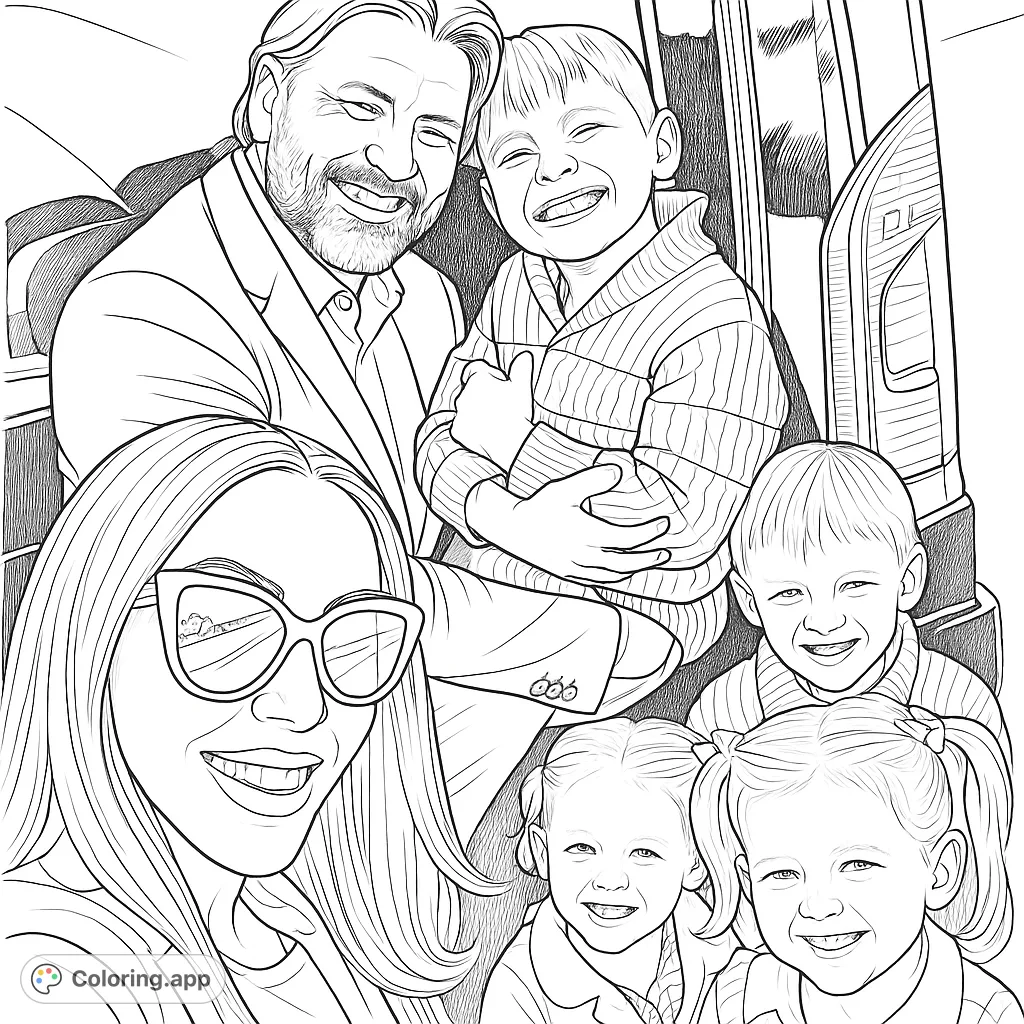 A joyous family portrait coloring page featuring two adults and four children, all smiling warmly together. Ideal for celebrating family bonds.