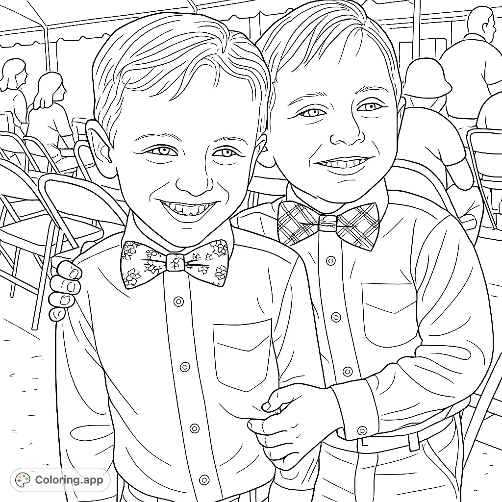 Two cheerful boys in crisp shirts and distinctive bow ties, sharing a friendly embrace. A charming scene for young colorists.