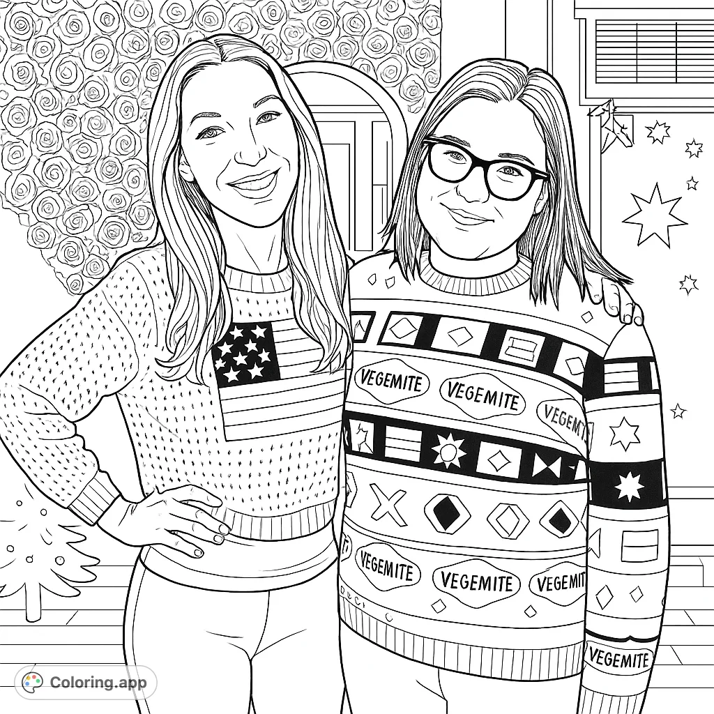 A detailed portrait of two smiling women, one in a stars and stripes sweater, the other in a patterned design, against a backdrop of dense floral textures and national symbols.