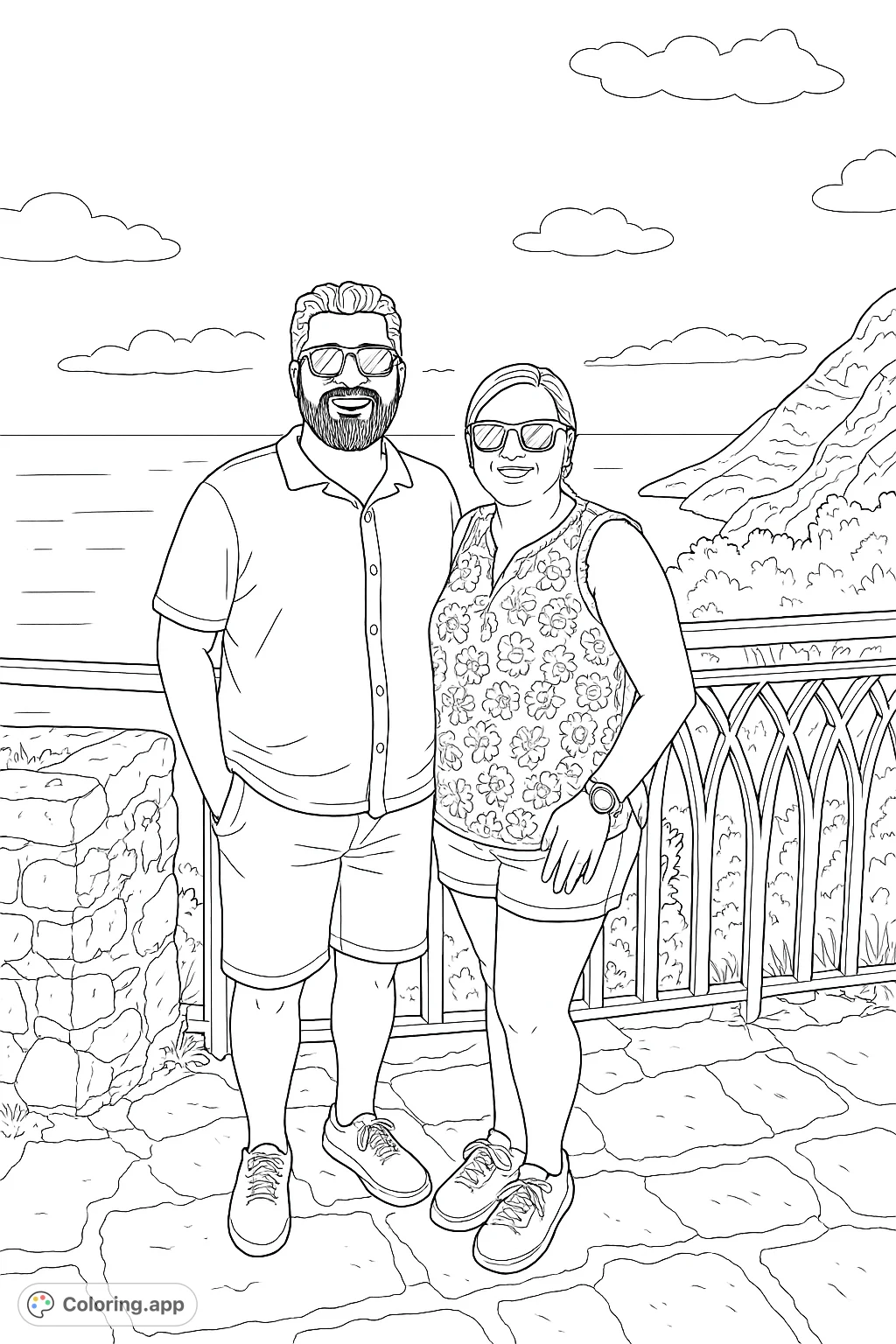 Capture a joyful couple against a stunning coastal backdrop, featuring intricate architectural details and expansive natural beauty, ready for your creative touch.