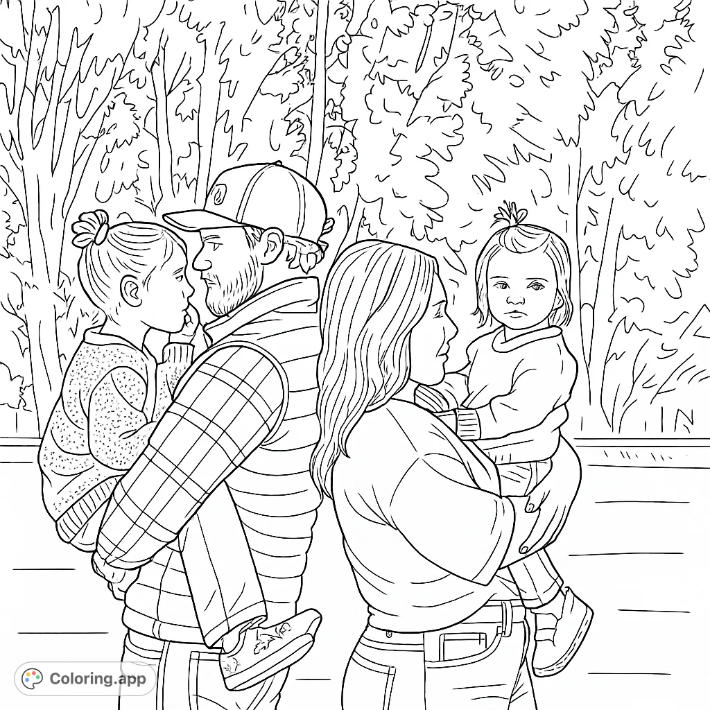 Capture a heartwarming family moment with this detailed coloring page featuring parents holding their two children in an outdoor setting.