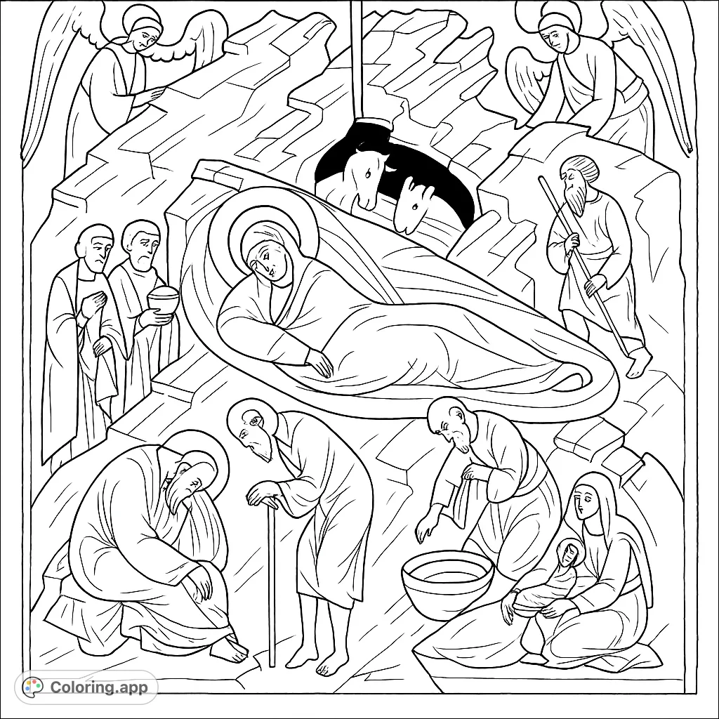 Color a traditional Nativity scene with detailed figures, angels, wise men, and shepherds set in a rocky landscape. Perfect for holiday reflection and intricate coloring.