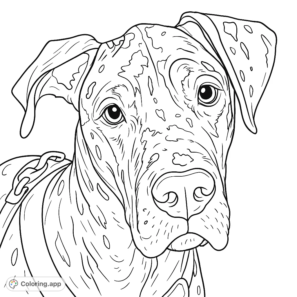 Color a majestic Great Dane with a unique spotted coat pattern. This detailed portrait offers a captivating challenge for dog lovers and coloring enthusiasts.