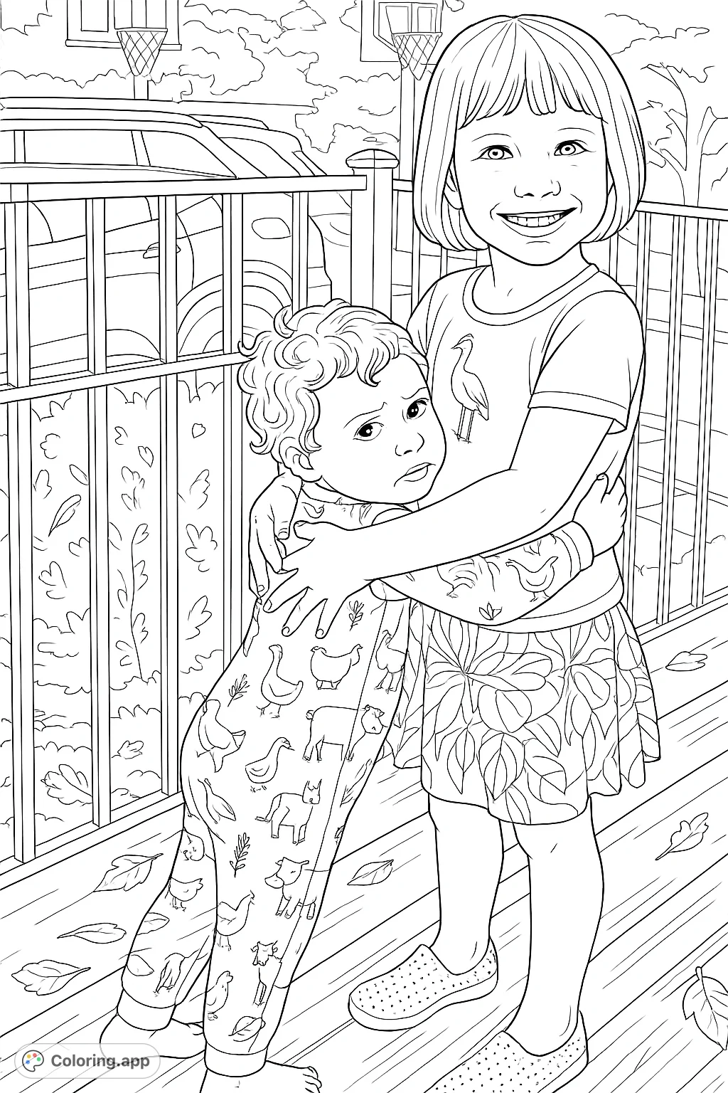 Capture the tender moment of two children hugging, featuring intricate clothing patterns and a charming outdoor setting, perfect for detailed coloring.