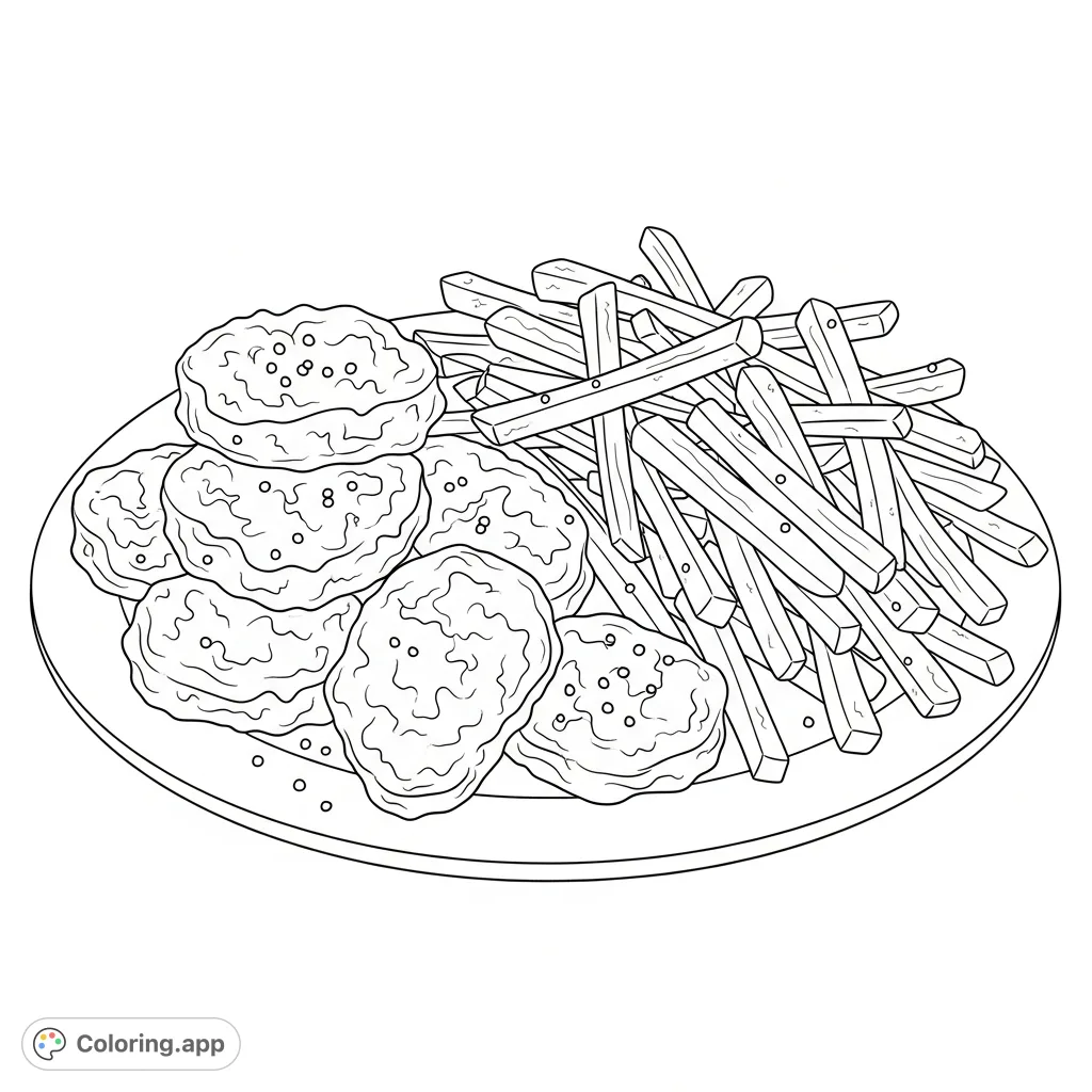 Satisfy your cravings with this delicious chicken nuggets and fries coloring page! Featuring crispy textures and detailed shapes for a fun coloring experience.
