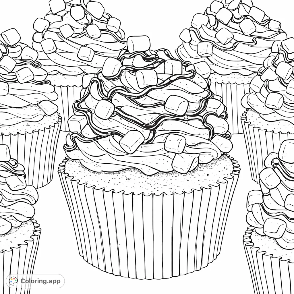 A delightful cupcake coloring page featuring swirled frosting, delicate drizzle, and fluffy marshmallow-like toppings, perfect for sweet-themed creativity.
