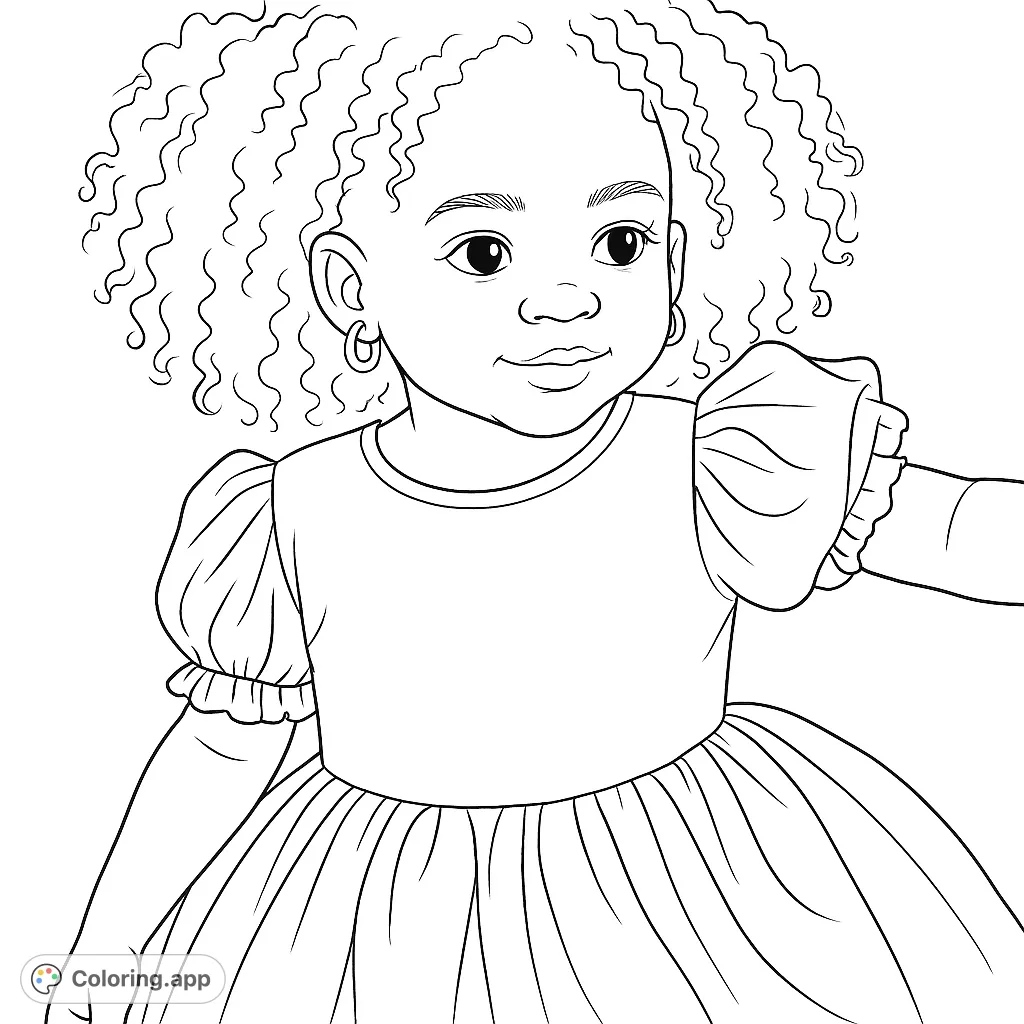 A delightful coloring page featuring a young girl with curly hair, adorned with hoop earrings and wearing a charming dress with puffed sleeves and a full skirt. Perfect for creative fun!