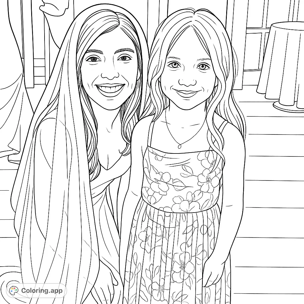 Celebrate a special day with this lovely bride and flower girl coloring page. Capture the joy and elegance of a wedding scene with intricate details.