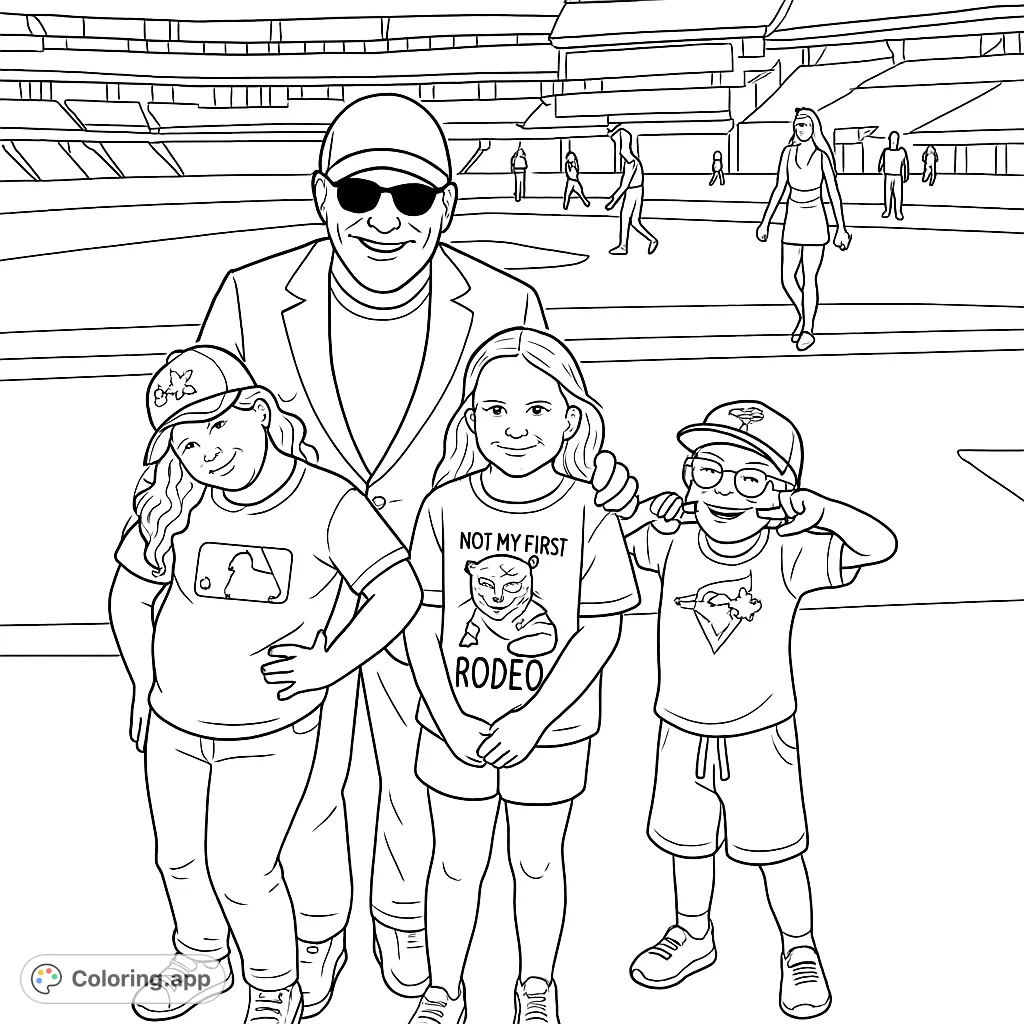 Enjoy a heartwarming family baseball scene! Color an adult and three kids posing playfully on a stadium field, surrounded by the exciting atmosphere of the ballpark.