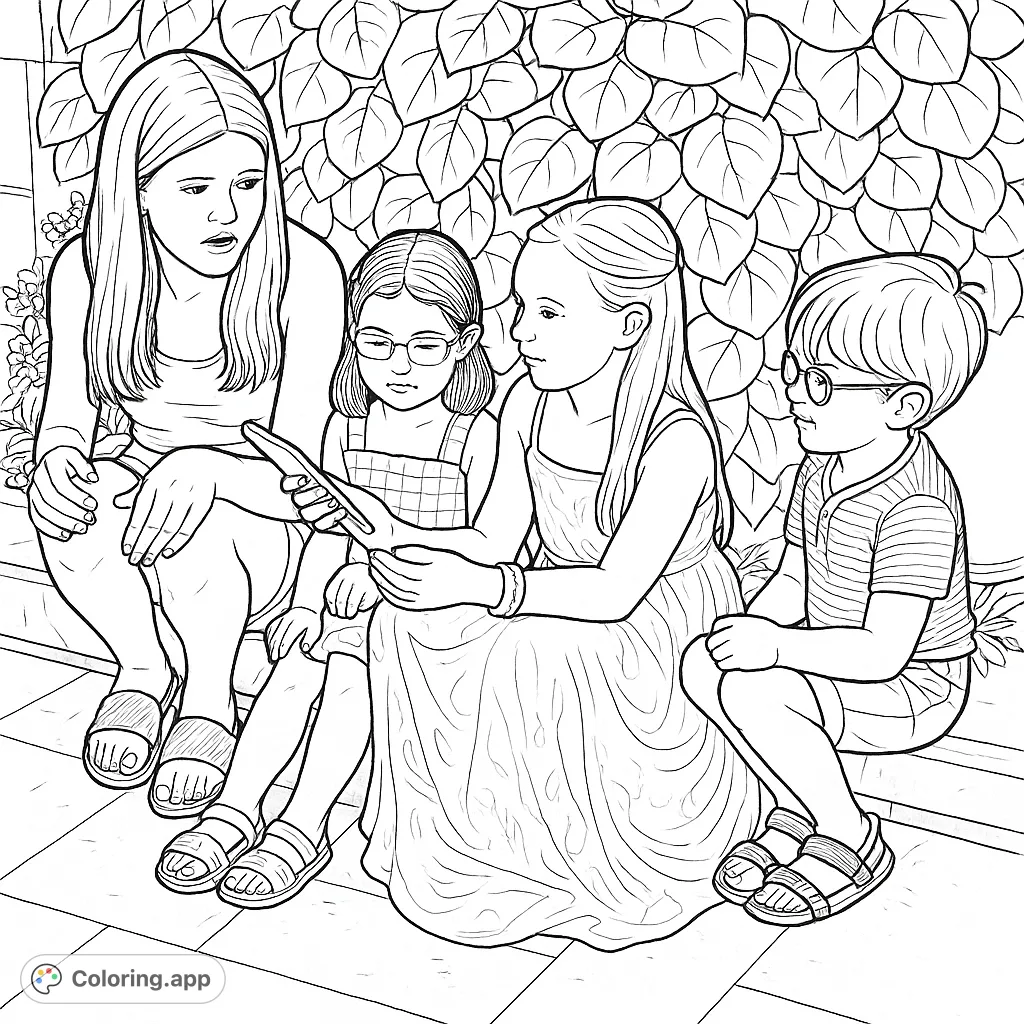 A vibrant group coloring page featuring an adult and three children gathered outdoors, focused on a handheld device. Perfect for exploring interaction and detailed textures.