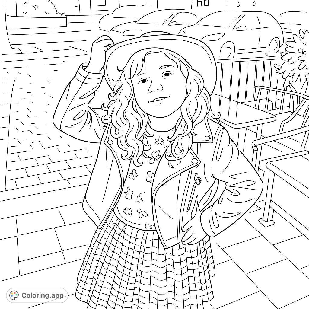 A charming coloring page featuring a girl in a stylish hat and jacket, striking a confident pose. Perfect for fashion enthusiasts and imaginative young artists.