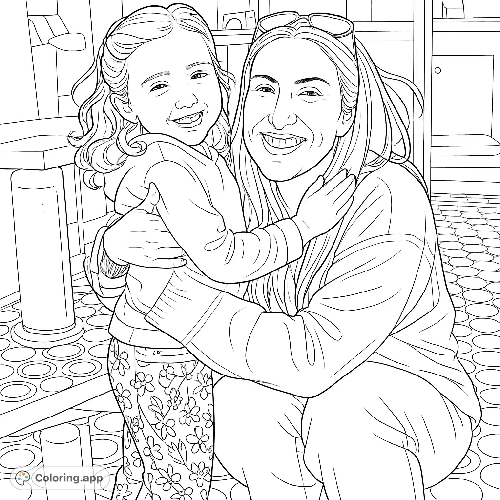 Capture the heartwarming bond of an adult embracing a child in this delightful coloring page. Perfect for celebrating family connections and creating a personalized masterpiece.