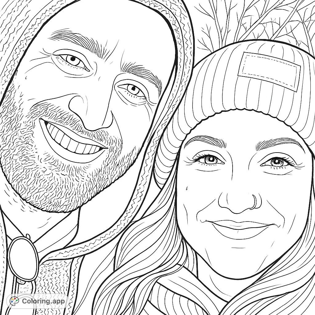 Capture joy with this close-up coloring page of a smiling couple. Features detailed textures in their clothing and hair, perfect for a personalized creation.