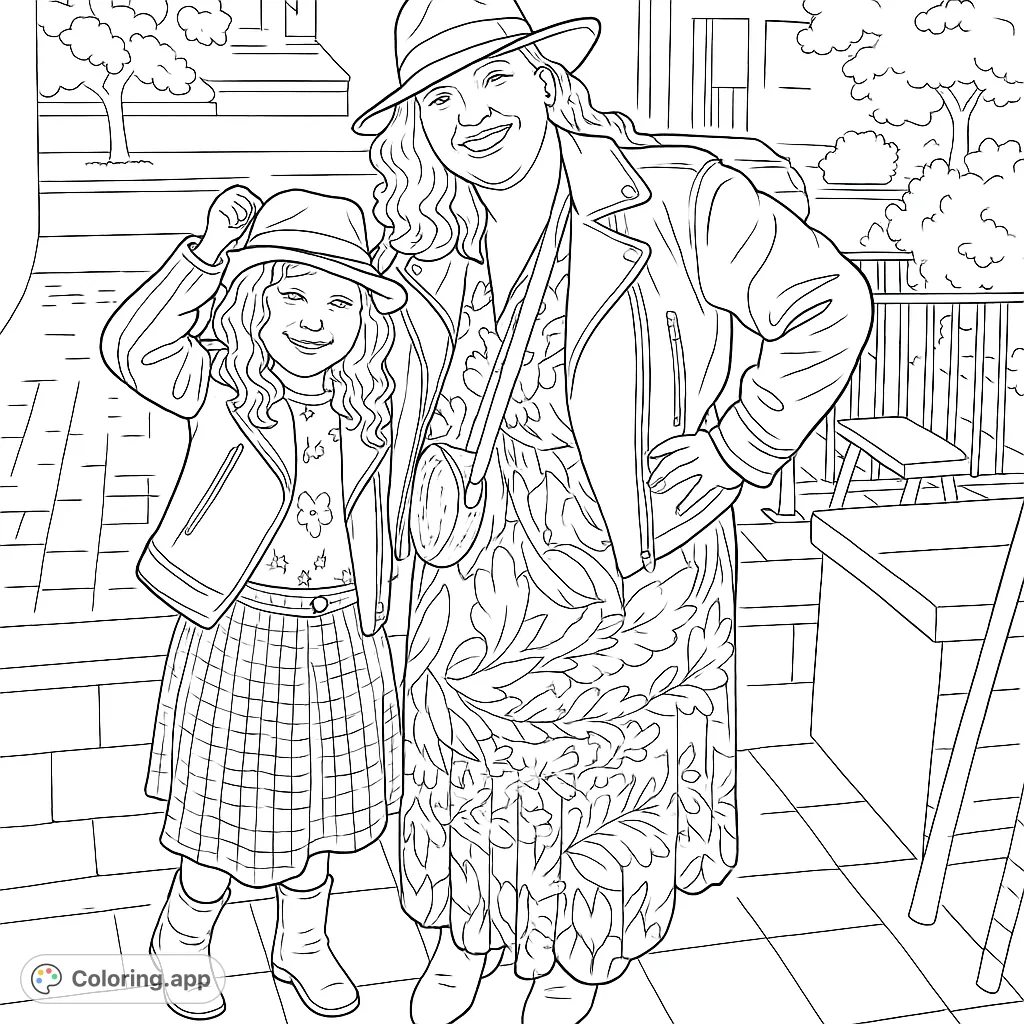 A heartwarming coloring page featuring a stylish adult and child duo in trendy jackets and hats, set against a subtle evening backdrop. Perfect for all ages.