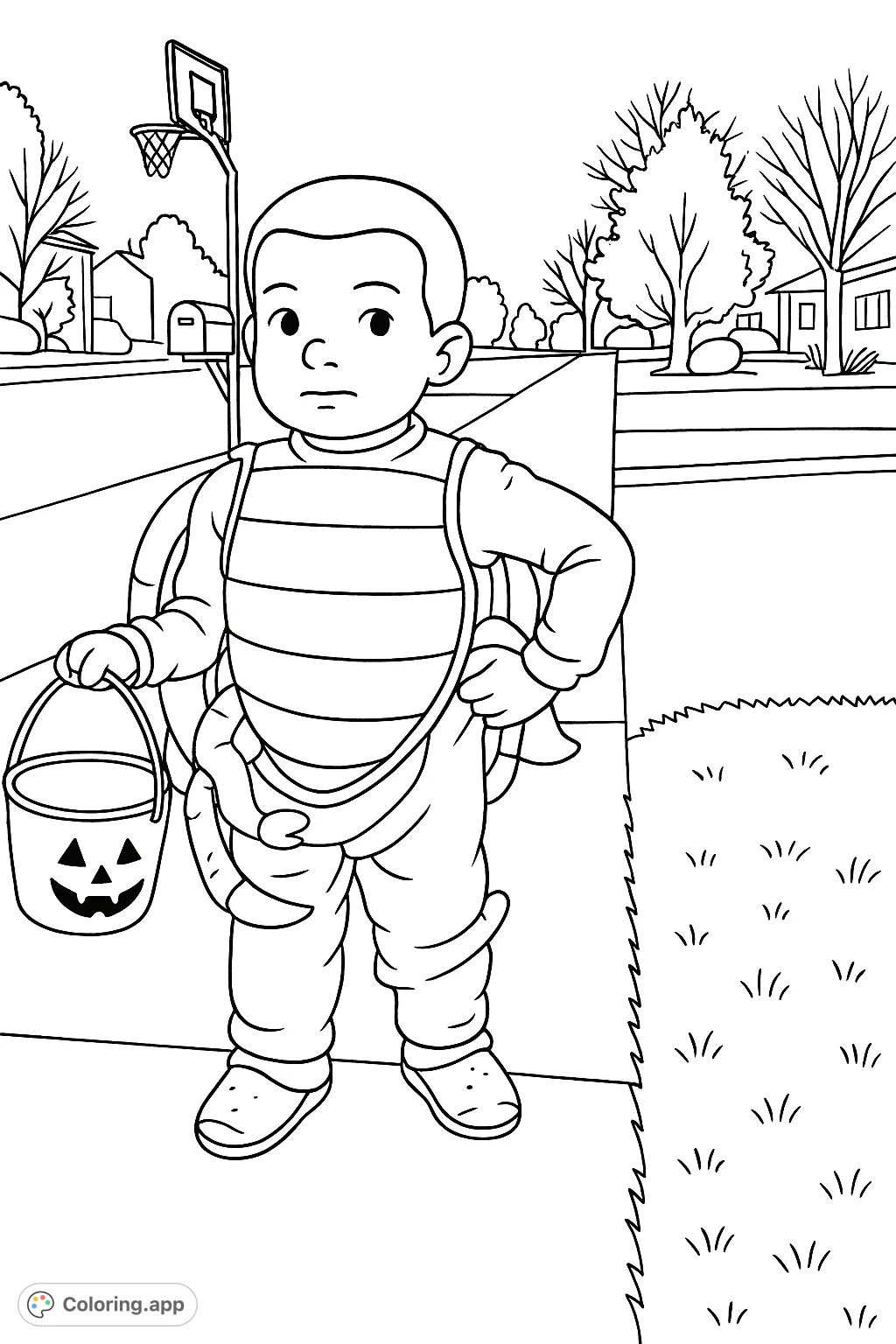 An adorable child in a unique bug costume, ready for fun with a jack-o'-lantern treat bucket. Perfect for a cartoony, simple coloring adventure!