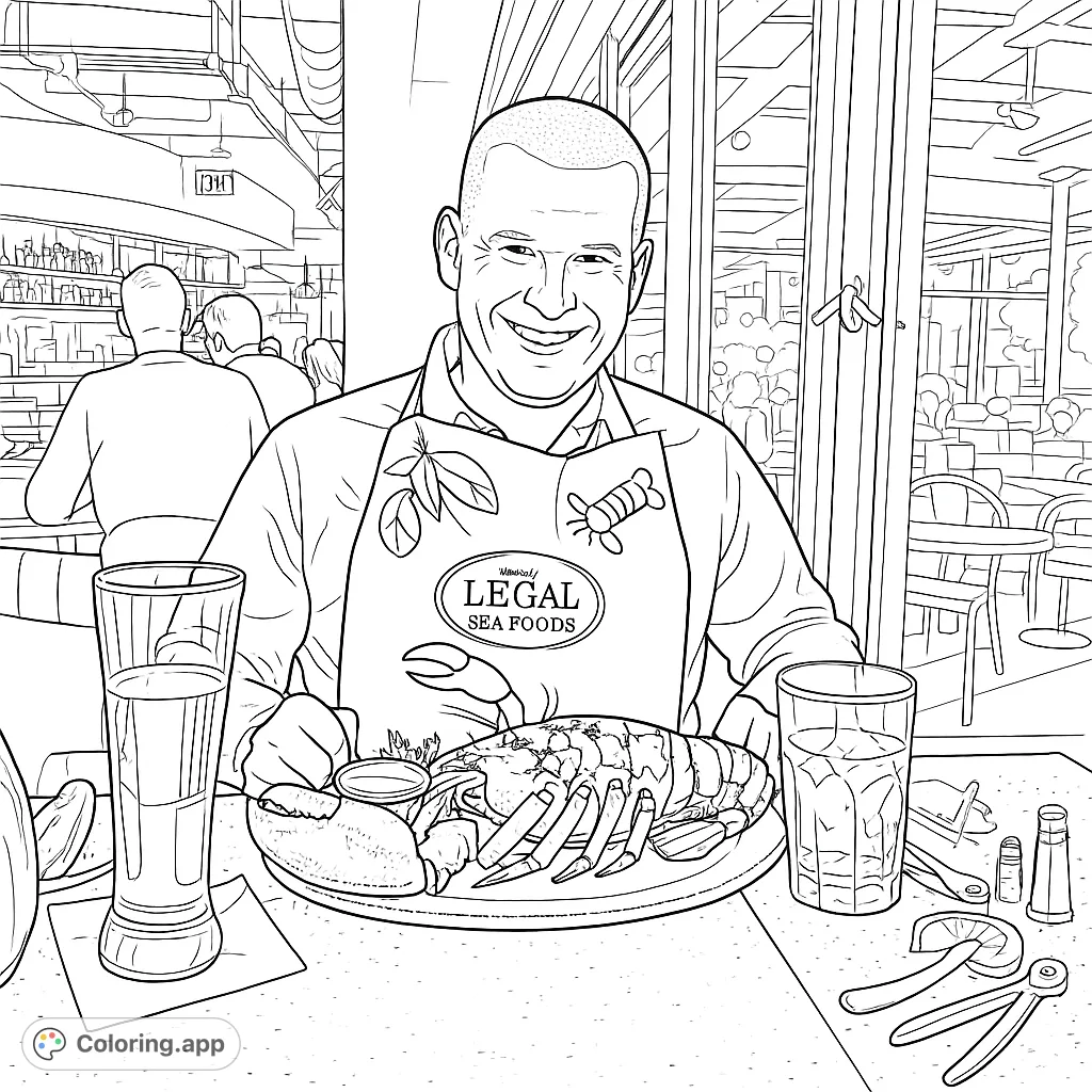 A joyous lobster dinner scene with a smiling man in a bib, a grand lobster, and a lively restaurant background. Perfect for foodies.