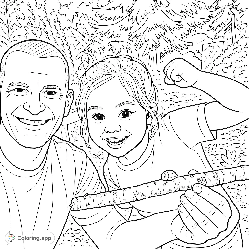 Join a cheerful father and daughter as they discover a small garden creature on a stick. A heartwarming outdoor exploration scene perfect for all ages.