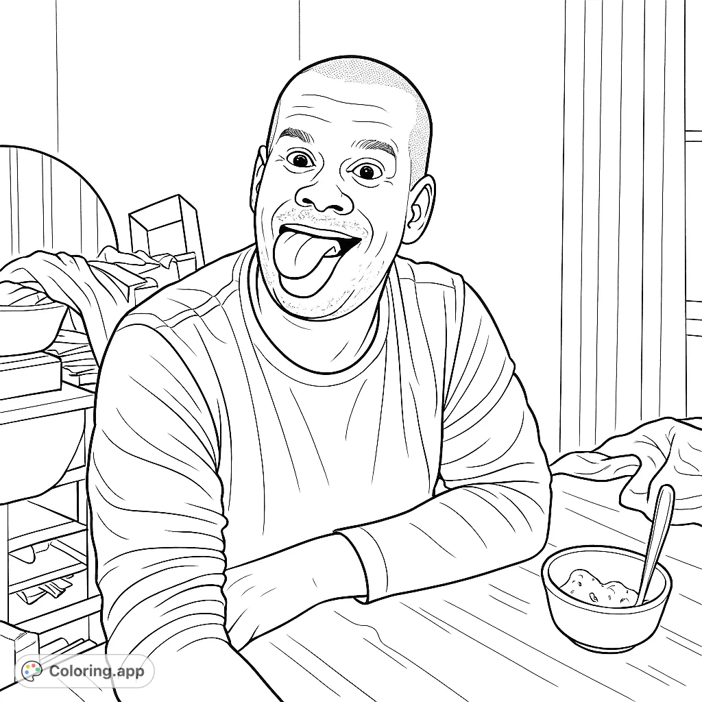 A cheerful man with a playful expression, tongue out, seated at a table with a treat, ready for a fun coloring adventure.