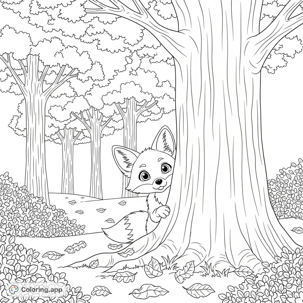 A charming young fox peeks from behind a grand oak, surrounded by fallen leaves and intricate forest foliage. A delightful nature scene for coloring.