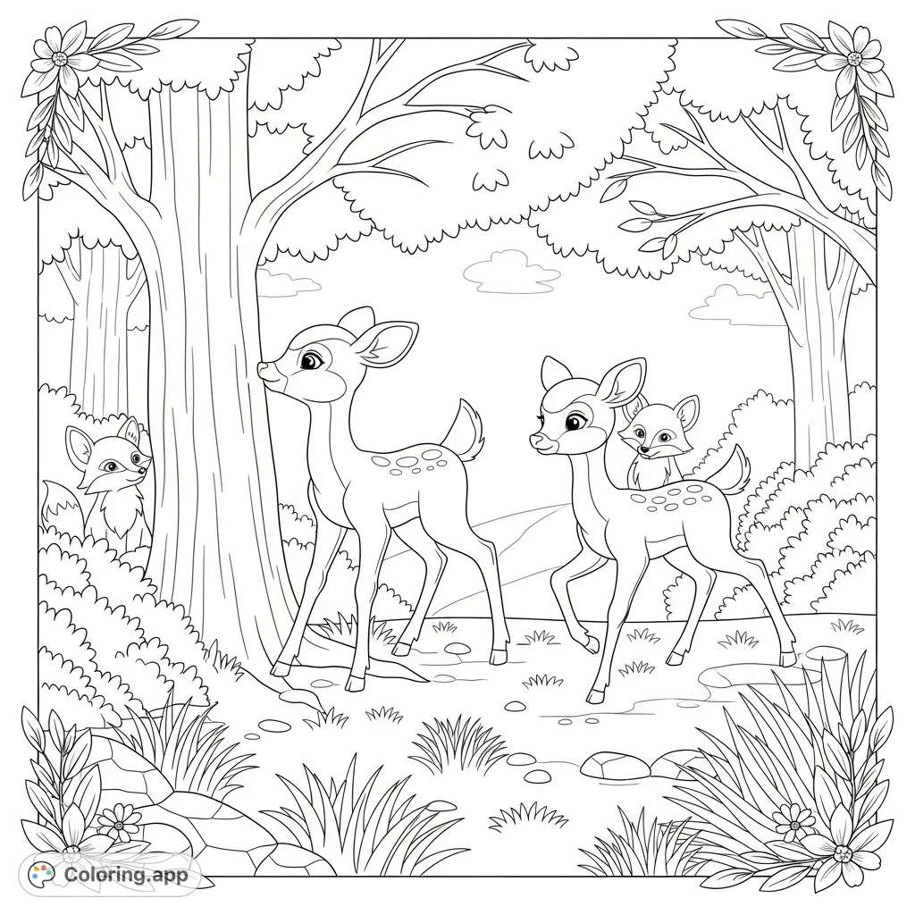 A delightful scene of young deer frolicking amidst forest trees and shrubs, perfect for a peaceful coloring adventure. Free printable deer coloring page.