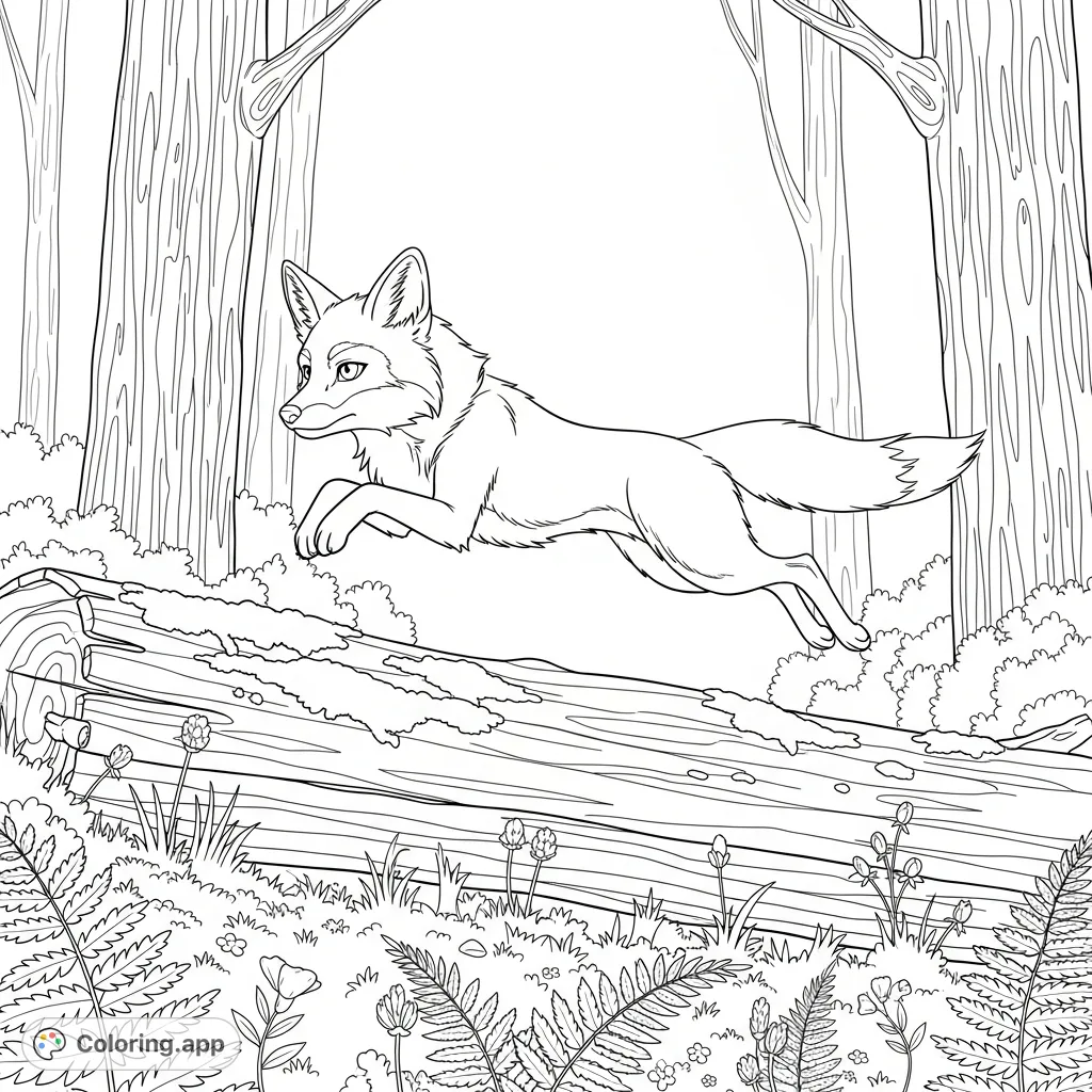 A graceful swift fox leaps over a mossy log amidst tall trees and delicate ferns, capturing a dynamic woodland moment. Perfect for nature lovers.