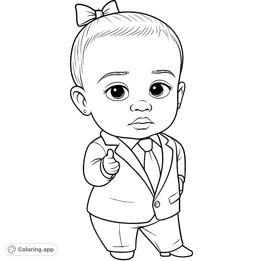 A charming cartoon baby in a stylish suit, featuring a wide tie and a confident pointing gesture. Perfect for a fun and engaging coloring activity!