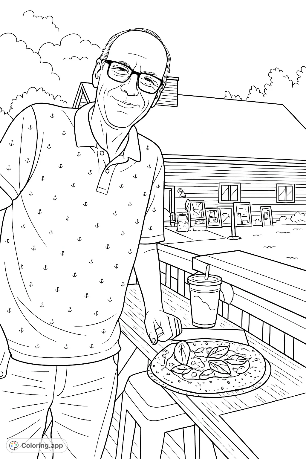 Capture a delightful outdoor scene featuring a smiling man enjoying pizza and a drink. A detailed coloring page with anchors, a rustic table, and a country building background.