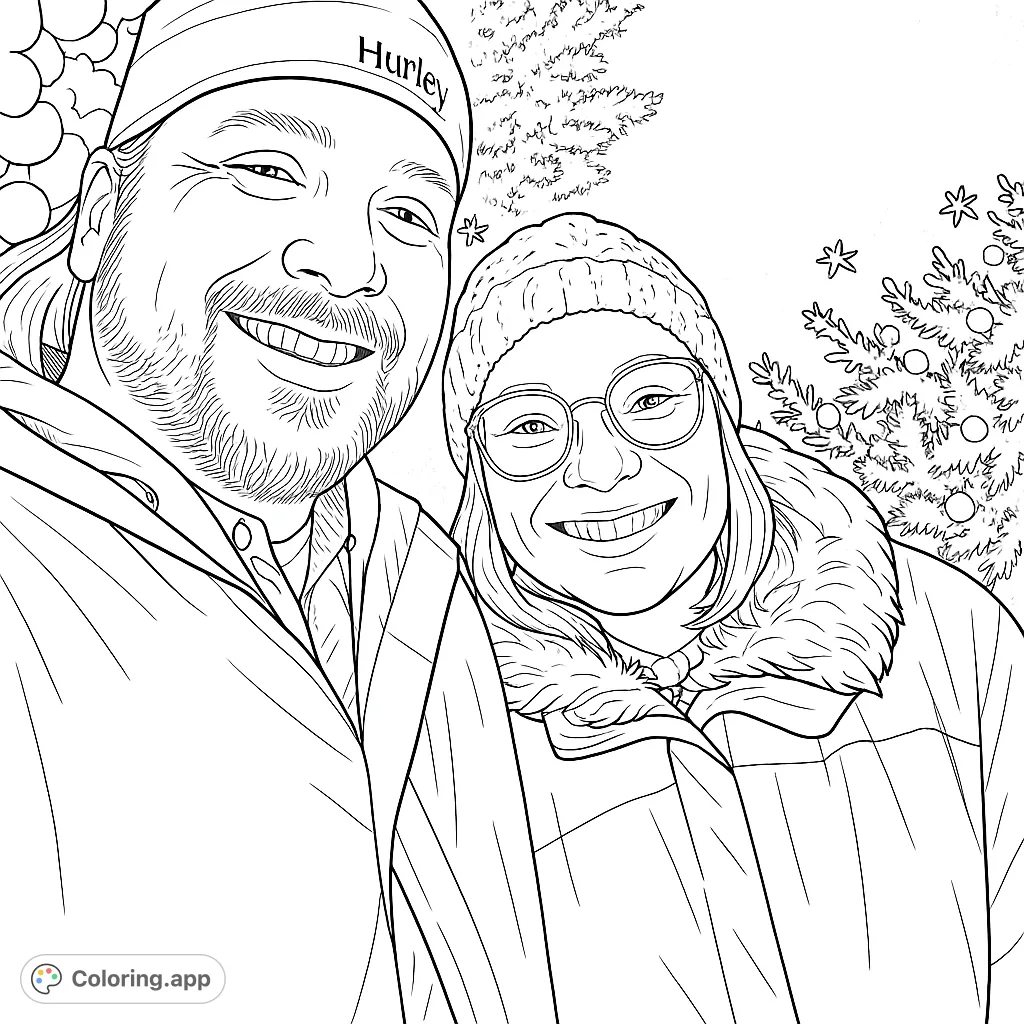 A heartwarming festive winter couple portrait featuring two smiling individuals in hats and coats, surrounded by illuminated evergreen branches and snowflakes.
