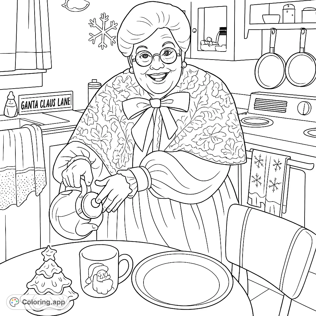 A cheerful elderly woman in a festive outfit pours from a teapot in a cozy, decorated kitchen. Perfect for holiday coloring fun.