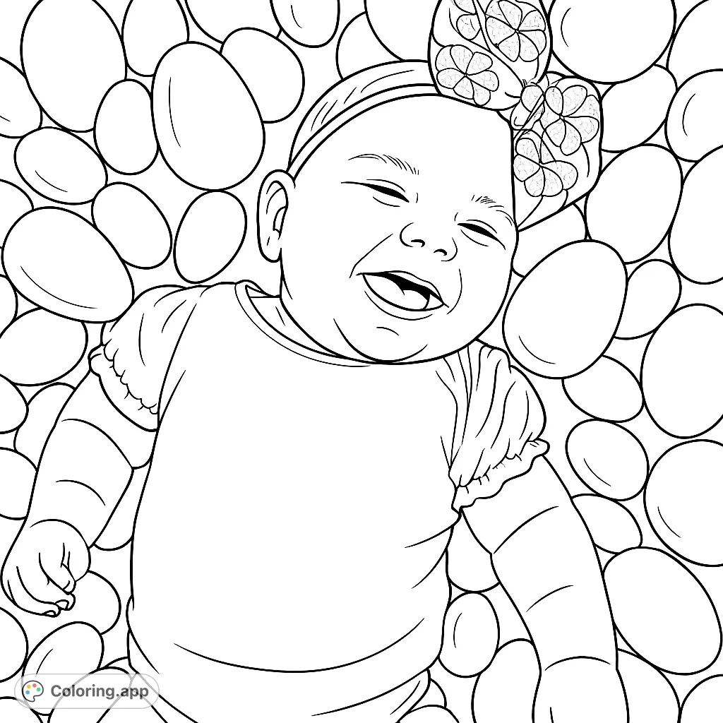 A heartwarming Easter baby coloring page featuring a joyous infant surrounded by a whimsical collection of plastic eggs, perfect for spring.