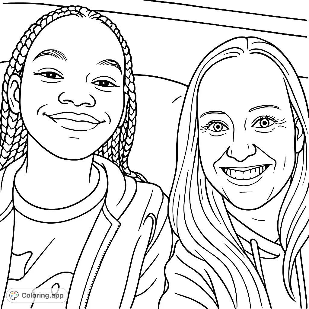 A heartwarming portrait featuring two smiling individuals, perfect for personalizing with vibrant colors and expressive details. Capture a moment of connection!