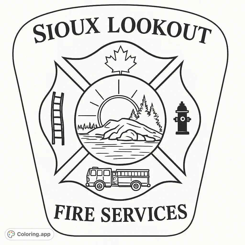 An intricate fire services emblem featuring a Maltese cross, detailed fire truck, hydrant, ladder, and a scenic landscape, perfect for advanced colorists.