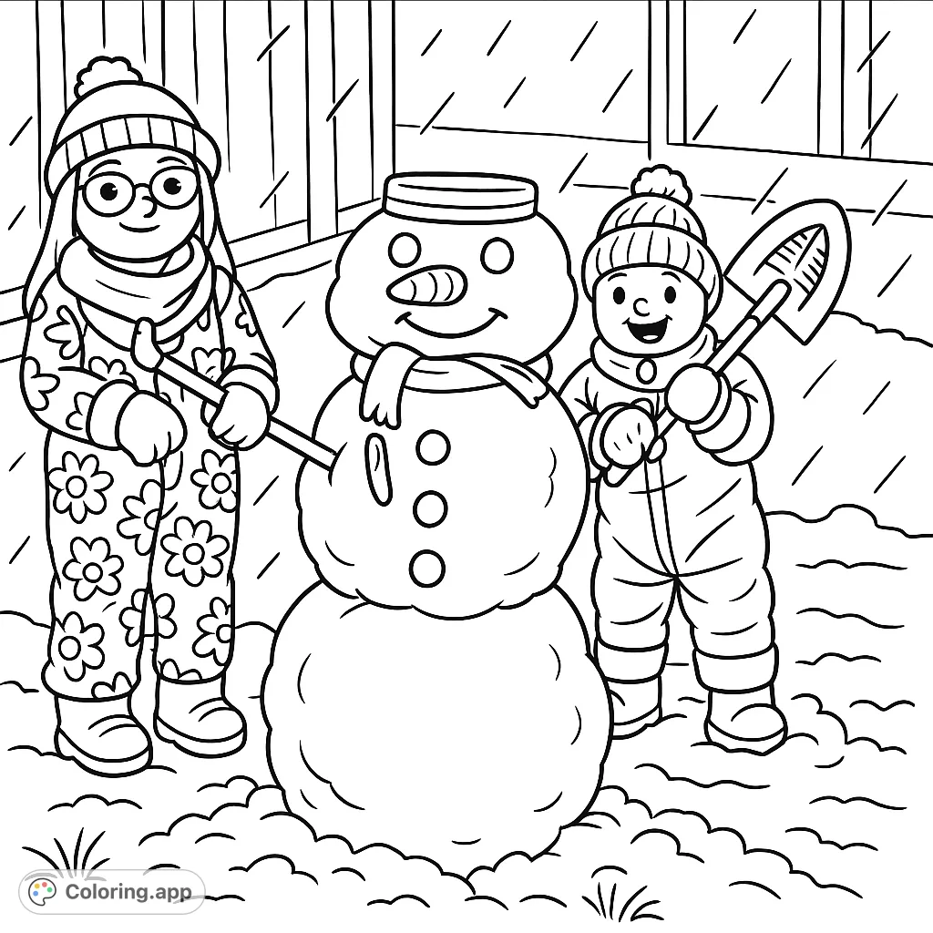 A cartoony winter snowman coloring page featuring two joyful children and their creative snow sculpture. Perfect for free printable winter fun for kids!