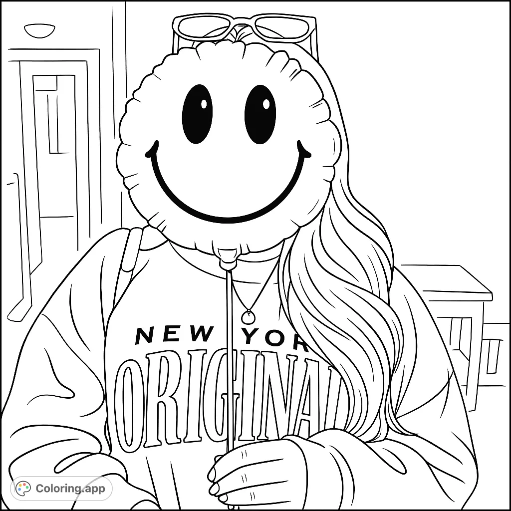 A person playfully holds a large smiley face balloon, obscuring their face, wearing a casual top with unique text. Perfect for a fun, expressive coloring experience.