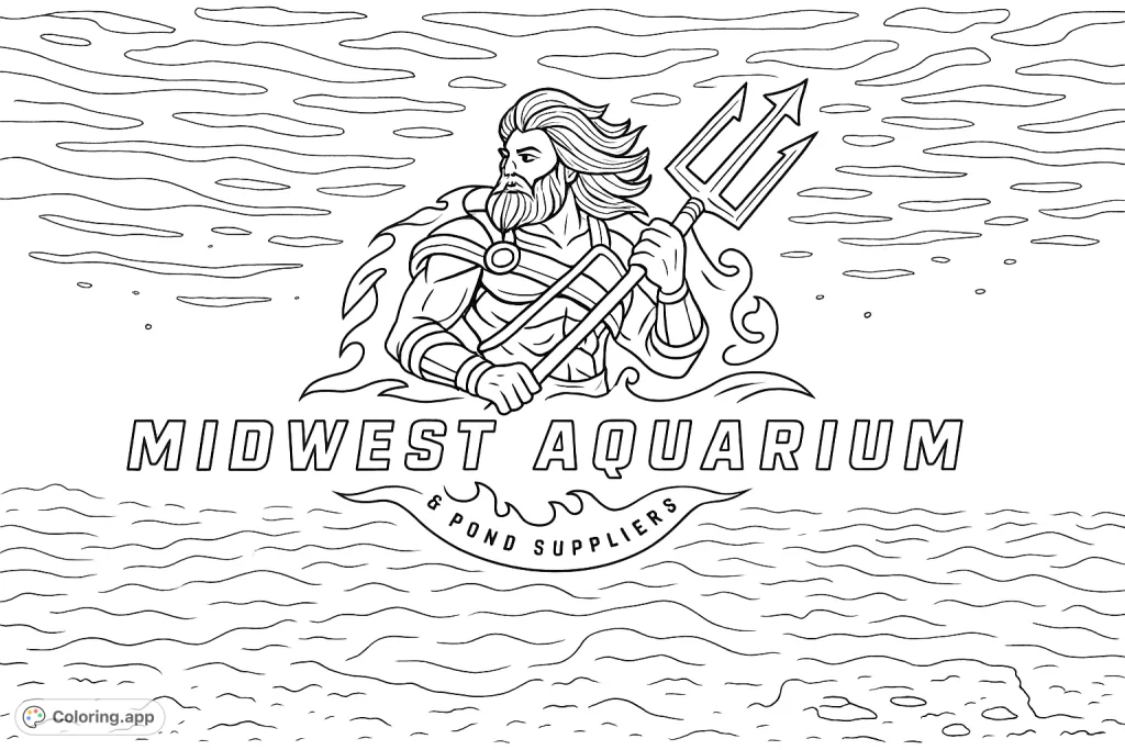 Unleash your creativity with this mighty ocean lord coloring page, featuring a powerful figure, flowing beard, and a grand trident amidst dynamic water elements.