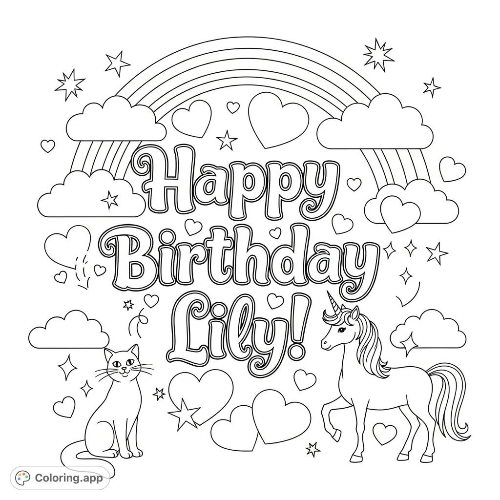 A cheerful birthday coloring page featuring "Happy Birthday Lily!" in whimsical script, surrounded by a unicorn, cat, hearts, sparkles, clouds, and a rainbow.