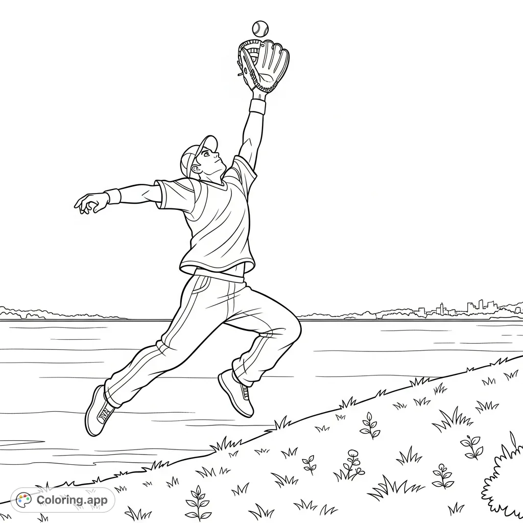 Capture the thrill of a mid-air catch with this dynamic baseball leap coloring page. Features an athlete, glove, grassy bank, and distant city.