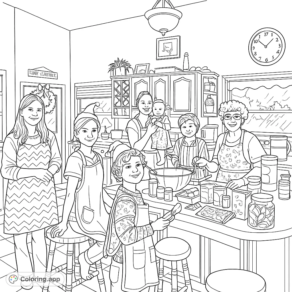 Join a multi-generational family in a delightful baking session. This intricate coloring page captures festive kitchen memories, perfect for all ages!