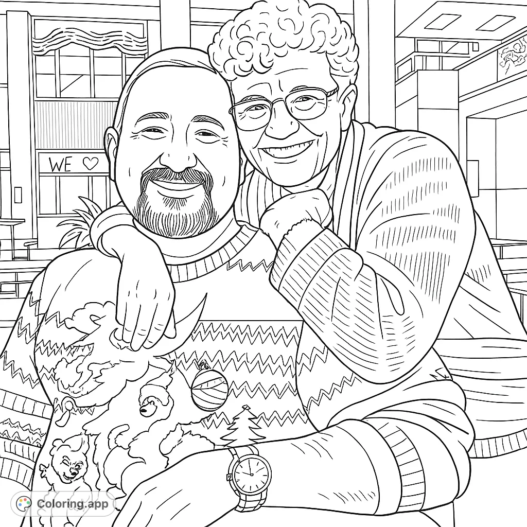 A heartwarming scene featuring two smiling individuals sharing a joyful embrace, with one wearing an elaborately patterned festive sweater. A delightful coloring page!