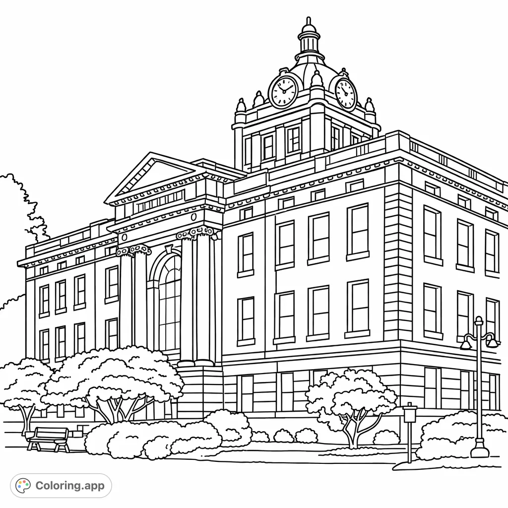 Explore a magnificent courthouse with a towering clock and elegant architecture. Perfect for an easy, relaxing coloring experience for all ages.